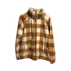 Columbia Brown and Cream Checkered Fleece Zip Up Sweater